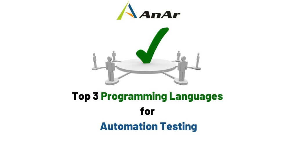 Top 3 programing languages for Automation Testing written on a graphical shape with a right sign.