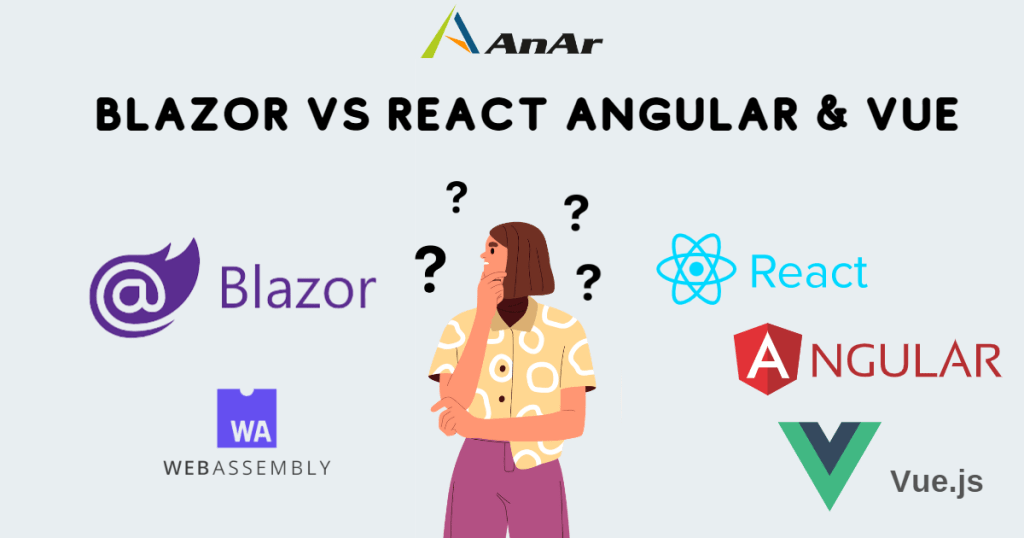 Blazor vs (Angular, React, and Vue) Blog image for AnArSolutions.